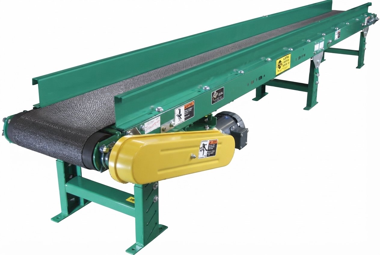 Industrial green belt conveyor system with a motor drive, safety guard, and support frame for material handling.