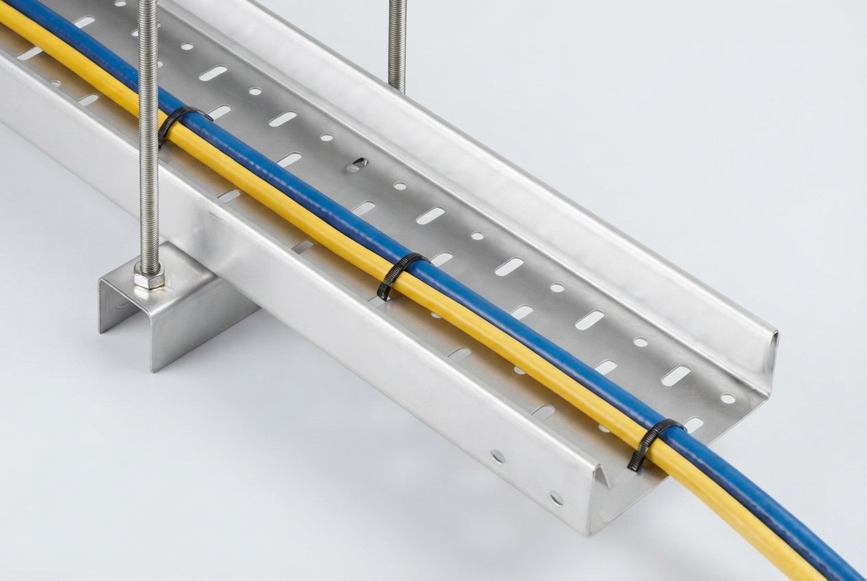 Perforated industrial cable trays, wire management systems, and cable support hardware