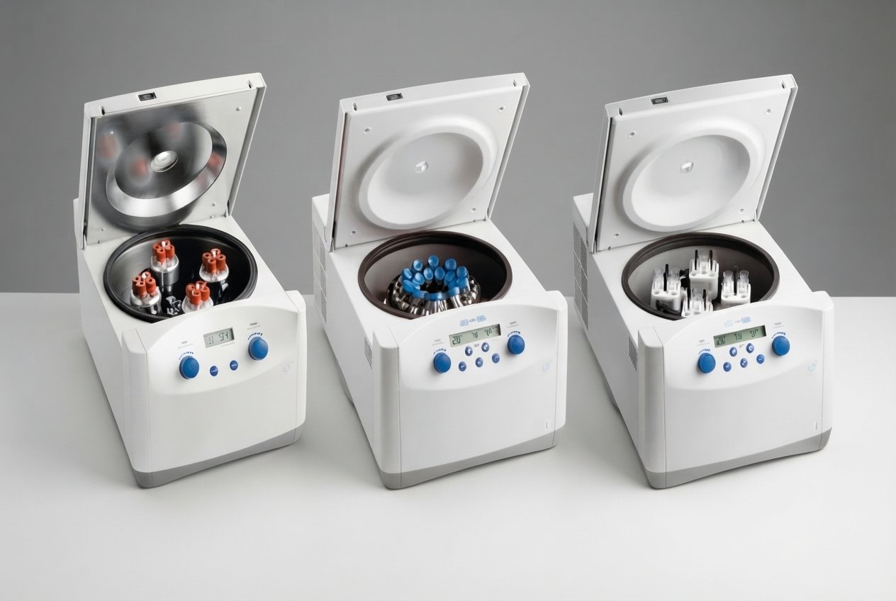Three laboratory centrifuges and microcentrifuges with open lids displaying different tube rotors for medical and scientific labs.