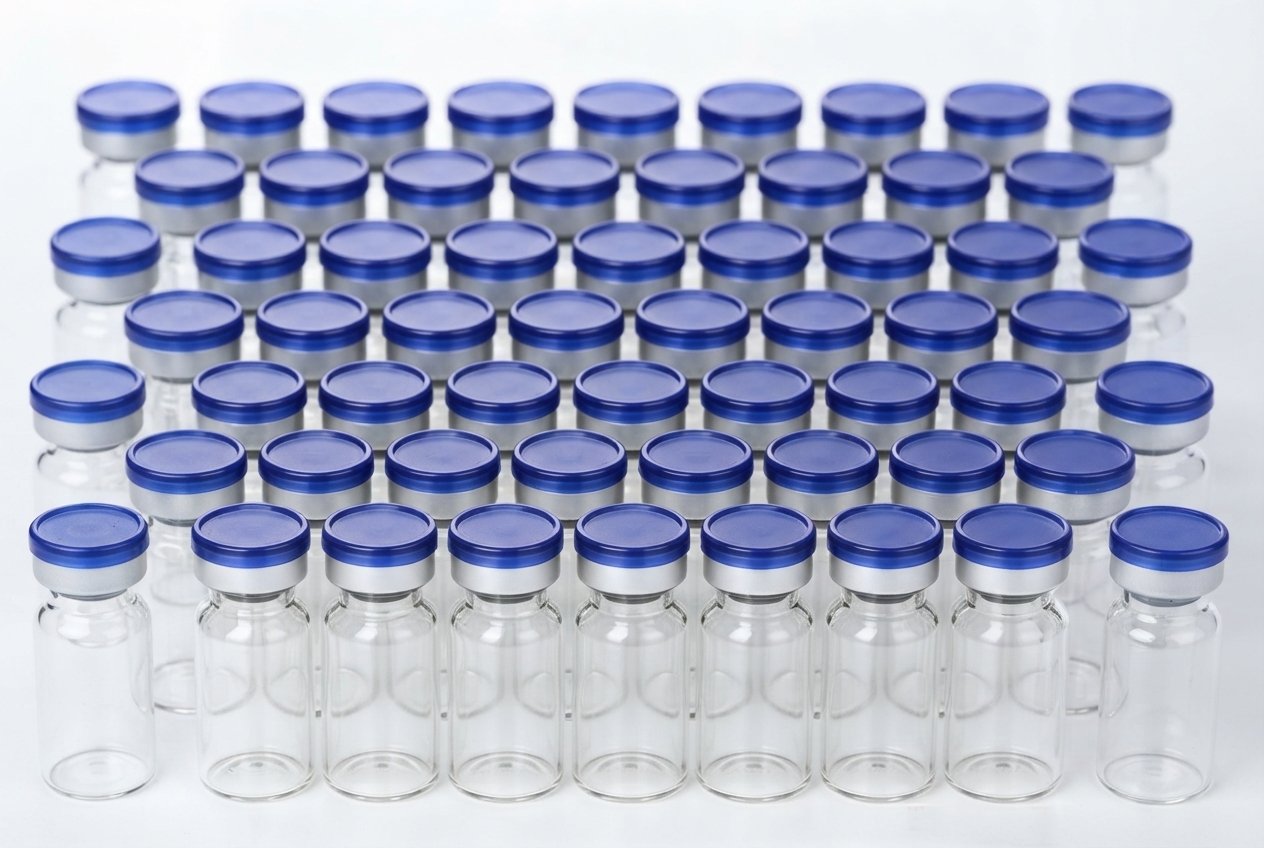 Array of chromatography glass vials with blue caps for laboratory sample storage and analysis.