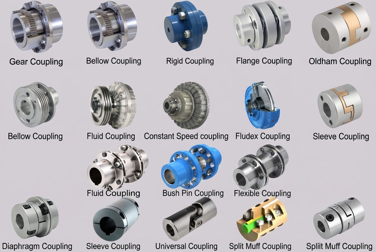 Array of mechanical industrial couplings including gear, bellows, rigid, flange, fluid, and flexible couplings for power transmission.