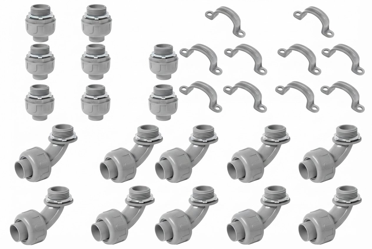 Conduit fittings, metallic and PVC connectors, couplings, and elbows for electrical installations