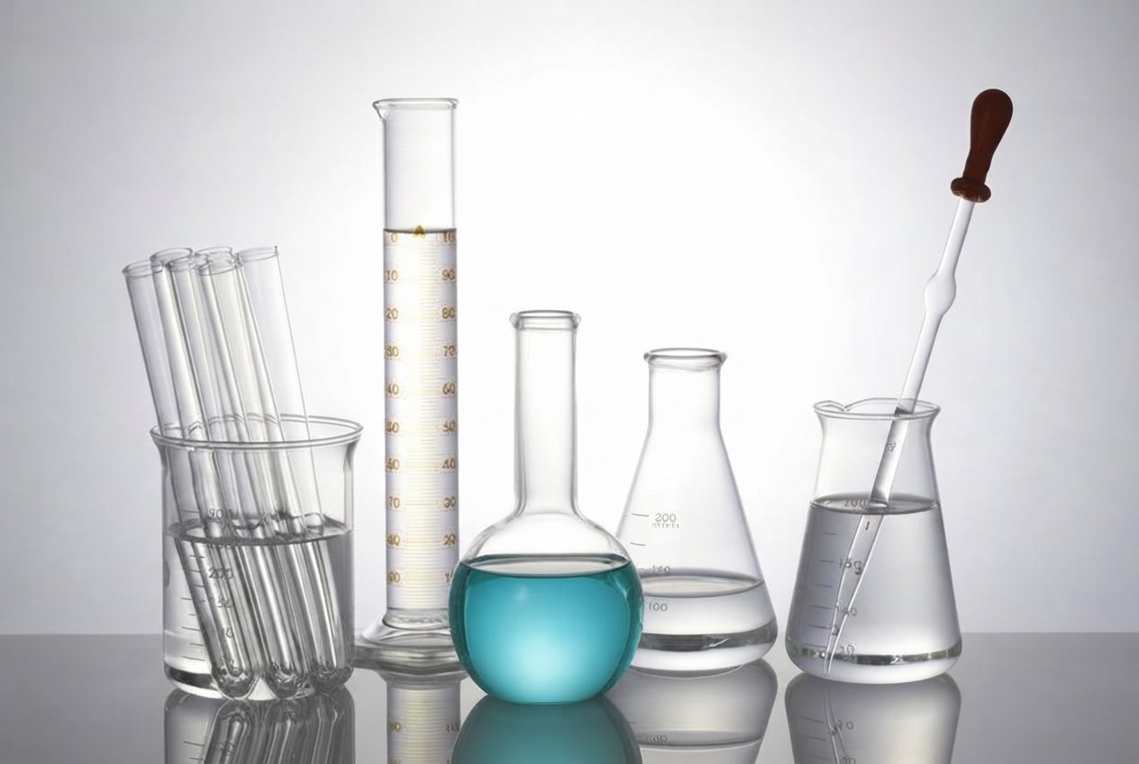 Laboratory glassware equipment including test tubes, graduated cylinder, volumetric flasks, and a pipette for industrial laboratory supplies.