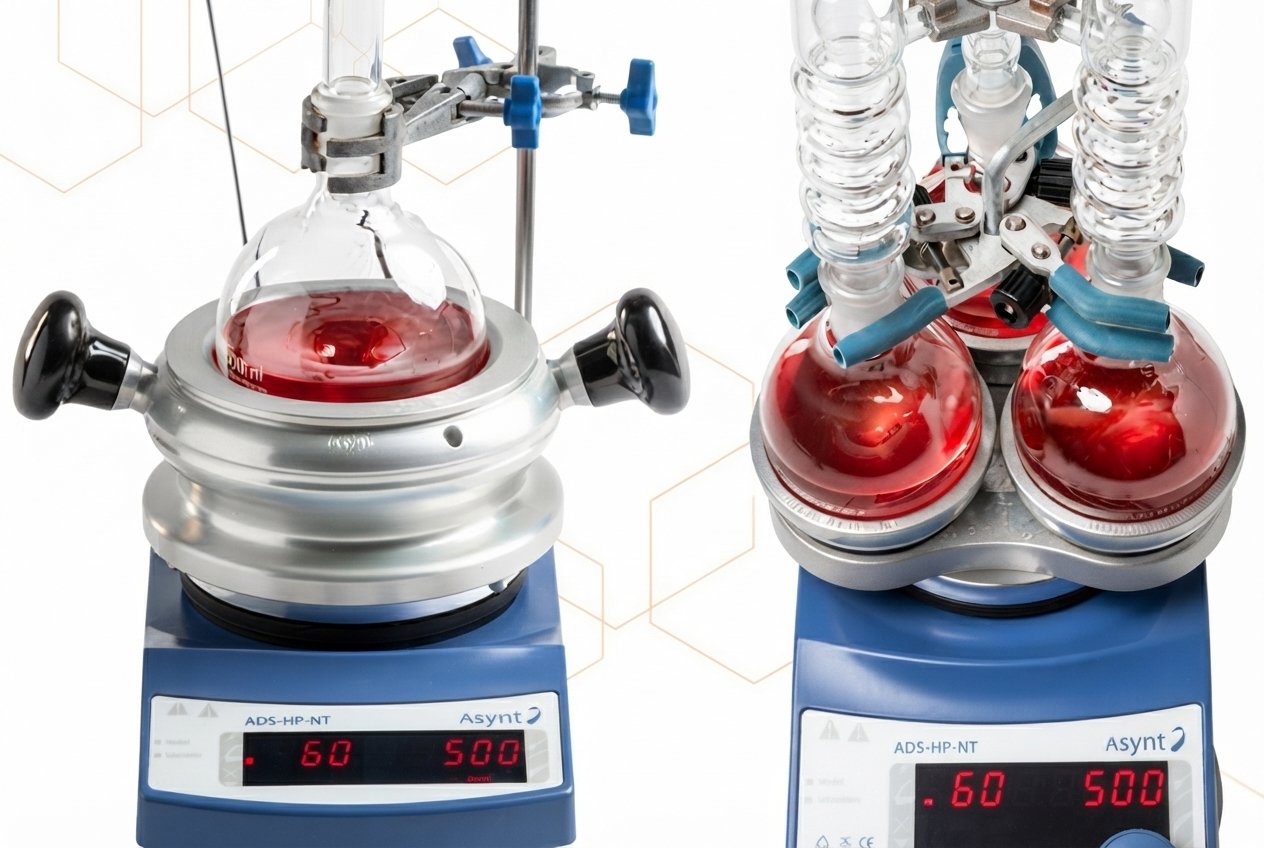 Laboratory heating and cooling systems featuring digital hotplate stirrers with reaction flasks and condensers for chemical processing.