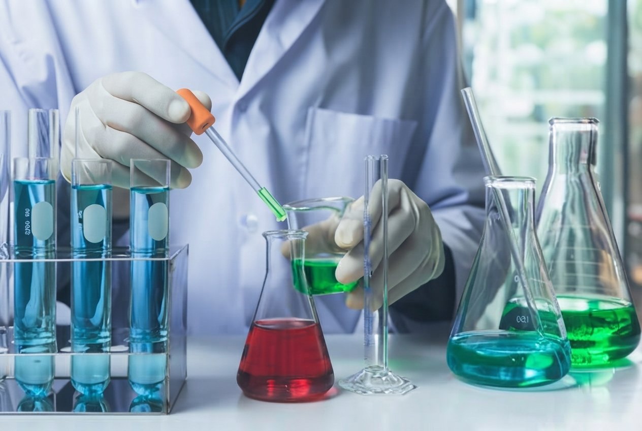 Laboratory technician wearing gloves handling chemical reagents, test tubes, and volumetric flasks with colored liquids for scientific testing.
