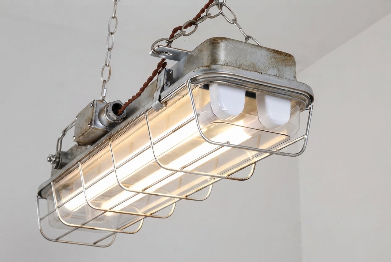 Industrial lighting fixtures, vapor-proof light units, explosion-proof luminaires, and caged overhead lamps