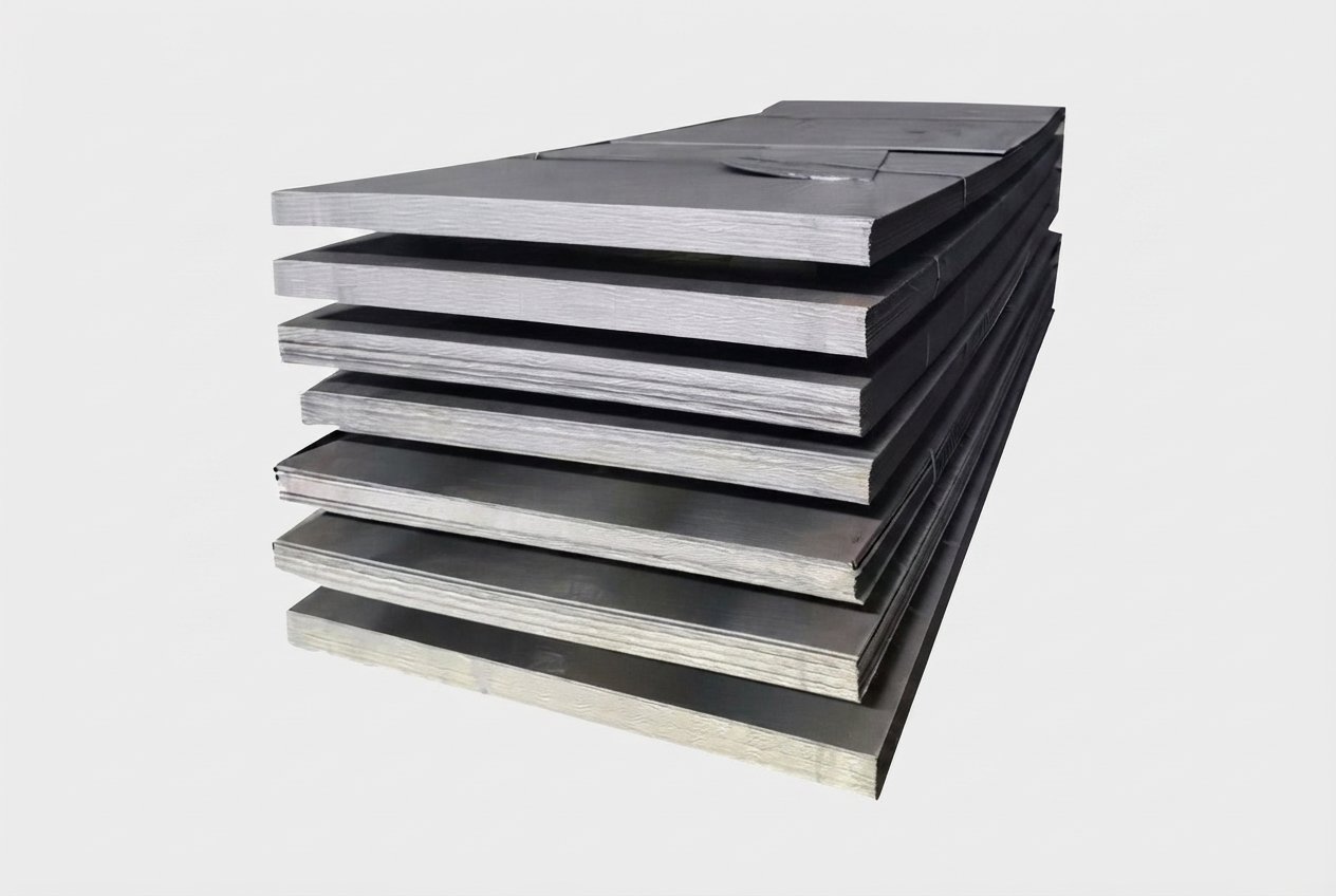 Stacked industrial carbon and high strength low alloy sheet steel plates for piping and tubular products manufacturing.