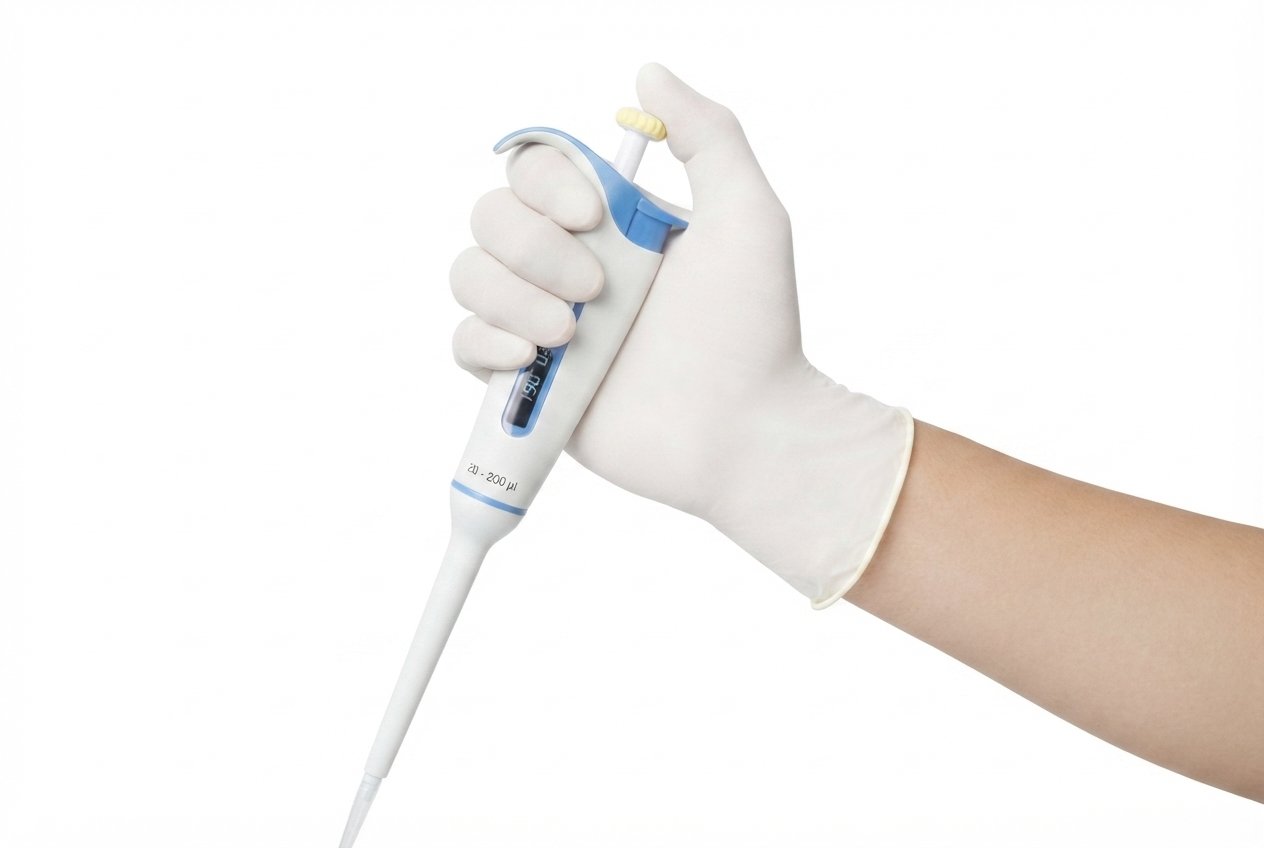 Gloved hand holding a digital adjustable micropipette for accurate liquid handling in laboratory applications.