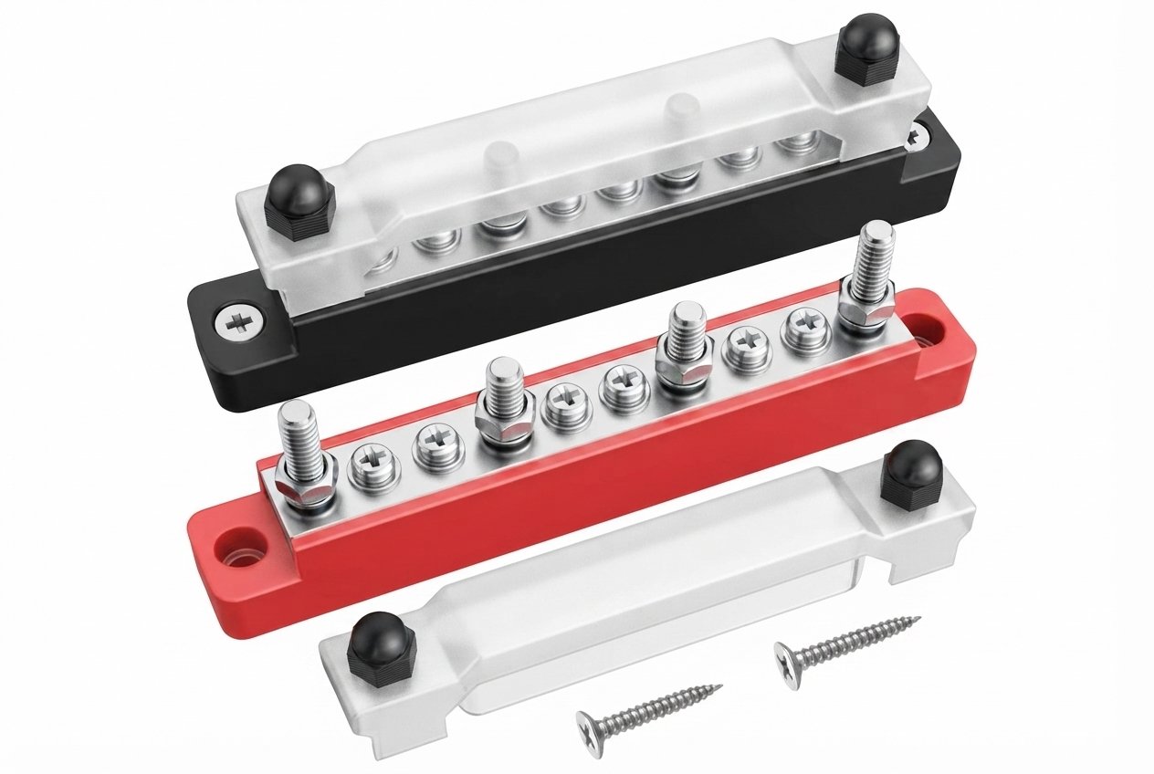 Power distribution blocks, electrical bus bars, terminal blocks, and heavy-duty busbars