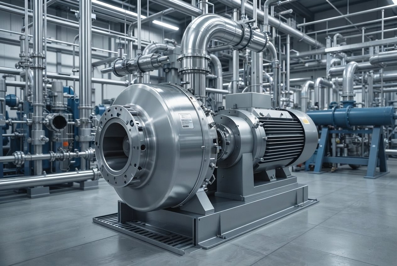 Heavy-duty industrial centrifugal pump and electric motor system connected to an extensive stainless steel piping network.