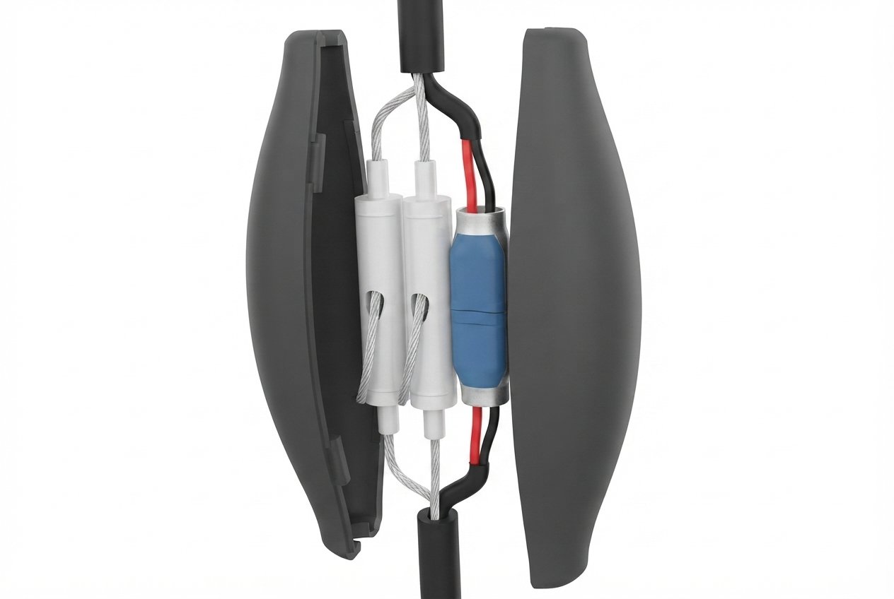 Electrical cable splice kits, heat shrink connectors, inline wire joints, and waterproof insulation enclosures