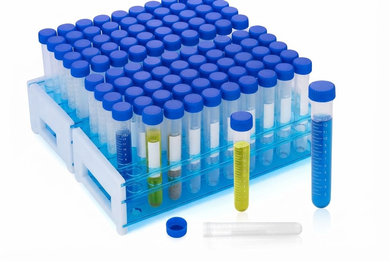 Laboratory sample collection tubes with blue screw caps arranged neatly in a plastic storage and organization rack.