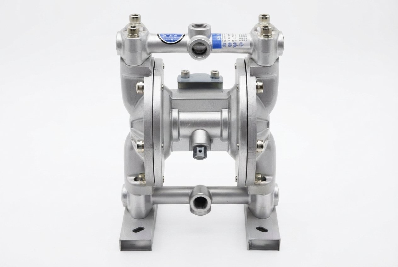 ndustrial stainless steel air-operated double diaphragm valve and pump assembly for fluid control systems.